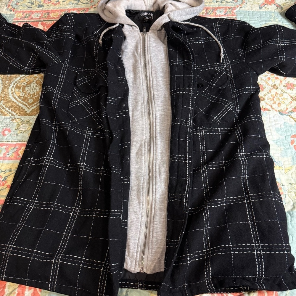 Stussy Black and White Plaid Quilted Lined Hooded Shirt Jacket Wool Cotton sz L - Picture 10 of 10